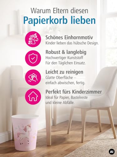 itenga Papierkorb für Kinder mit Motiv - rund ca. 11 Liter - Mülleimer fürs Kinderzimmer - stabiler Kunststoff (Einhorn)