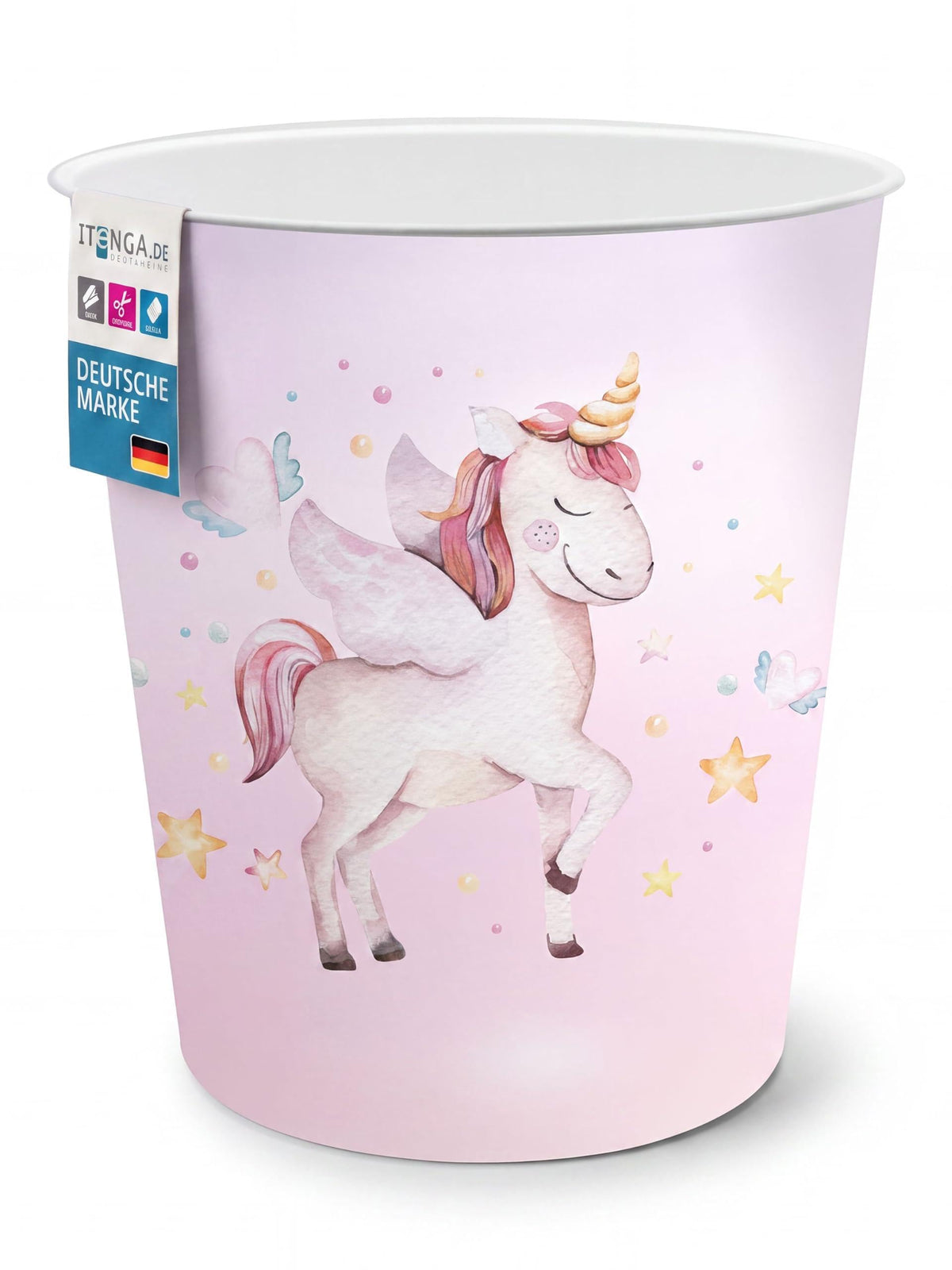 itenga Papierkorb für Kinder mit Motiv - rund ca. 11 Liter - Mülleimer fürs Kinderzimmer - stabiler Kunststoff (Einhorn)