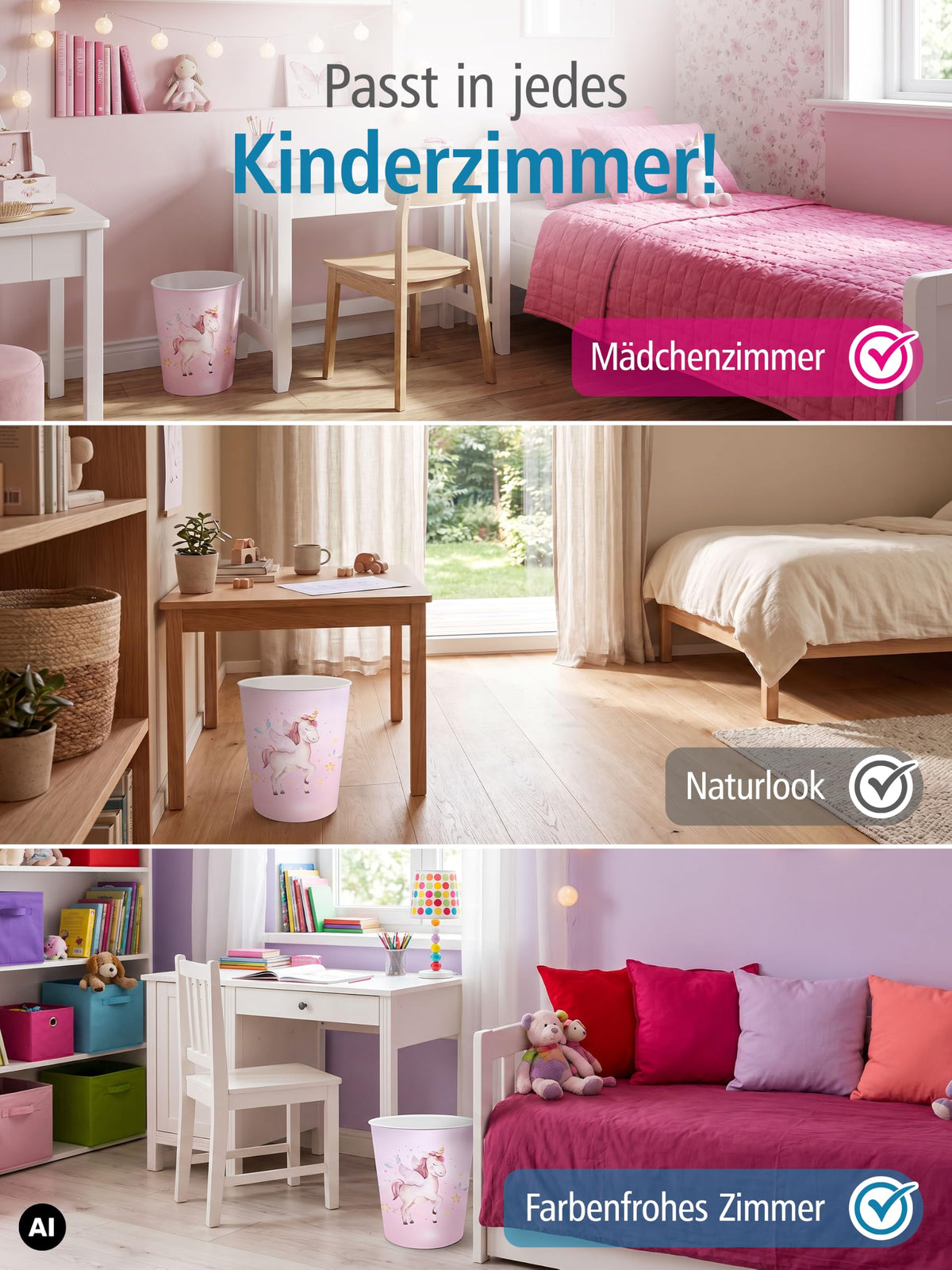 itenga Papierkorb für Kinder mit Motiv - rund ca. 11 Liter - Mülleimer fürs Kinderzimmer - stabiler Kunststoff (Einhorn)