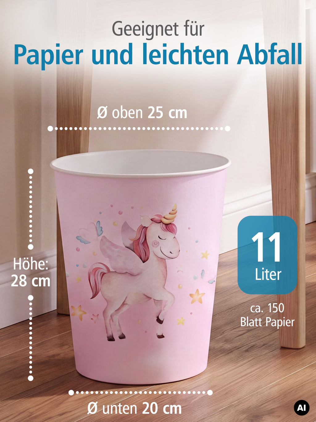 itenga Papierkorb für Kinder mit Motiv - rund ca. 11 Liter - Mülleimer fürs Kinderzimmer - stabiler Kunststoff (Einhorn)