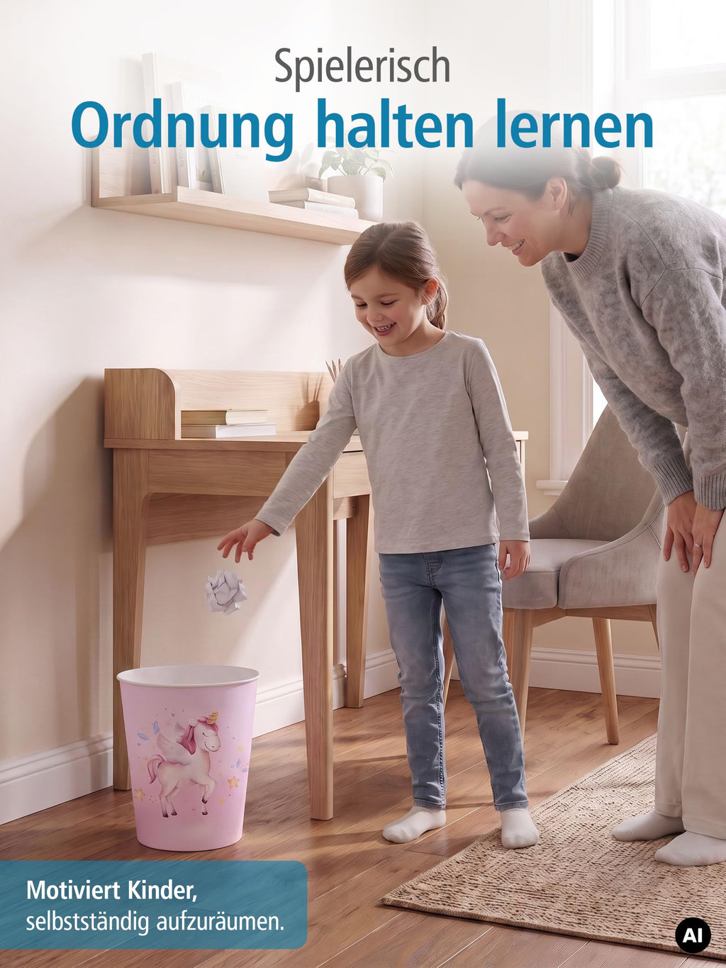 itenga Papierkorb für Kinder mit Motiv - rund ca. 11 Liter - Mülleimer fürs Kinderzimmer - stabiler Kunststoff (Einhorn)