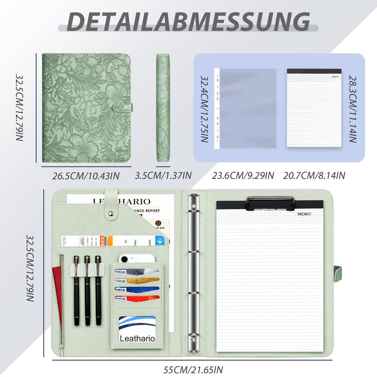 Leathario Schreibmappe A4 Konferenzmappe Klemmbrett Grün