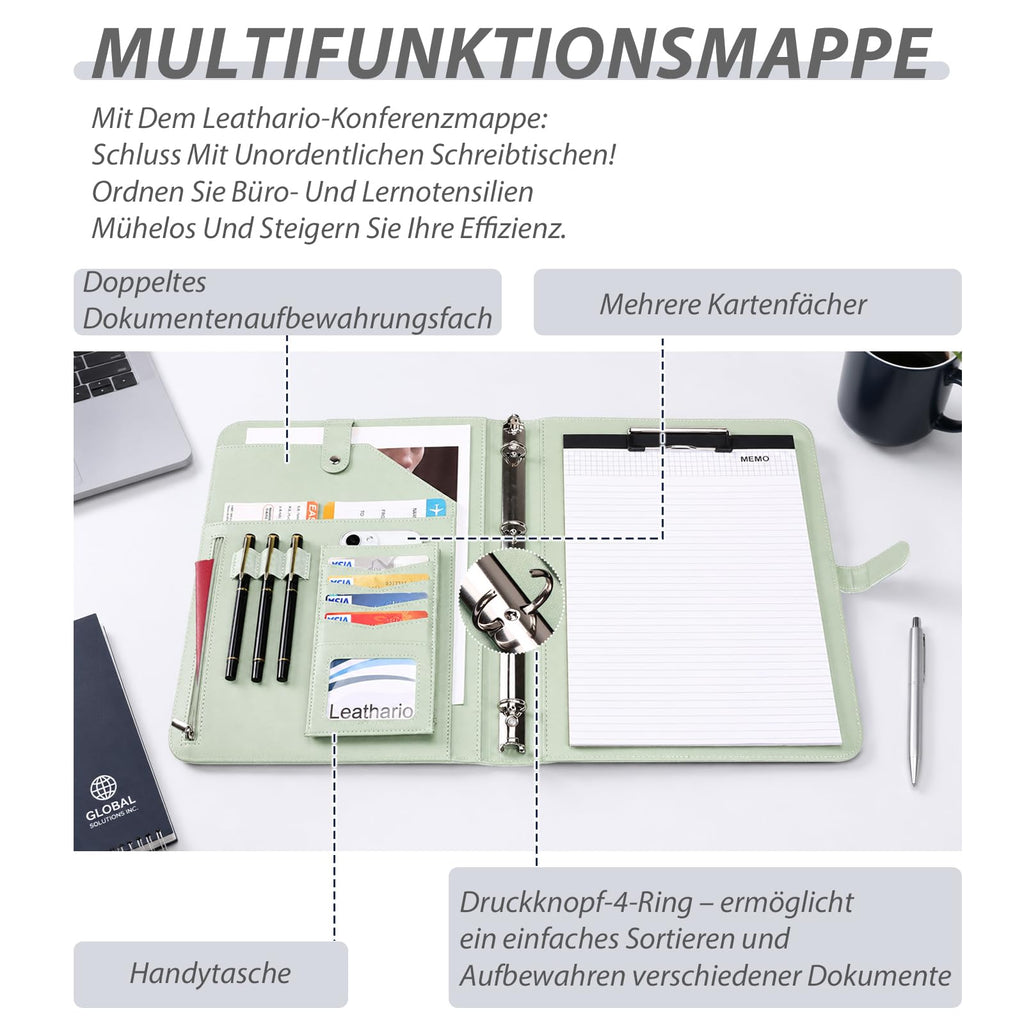 Leathario Schreibmappe A4 Konferenzmappe Klemmbrett Grün