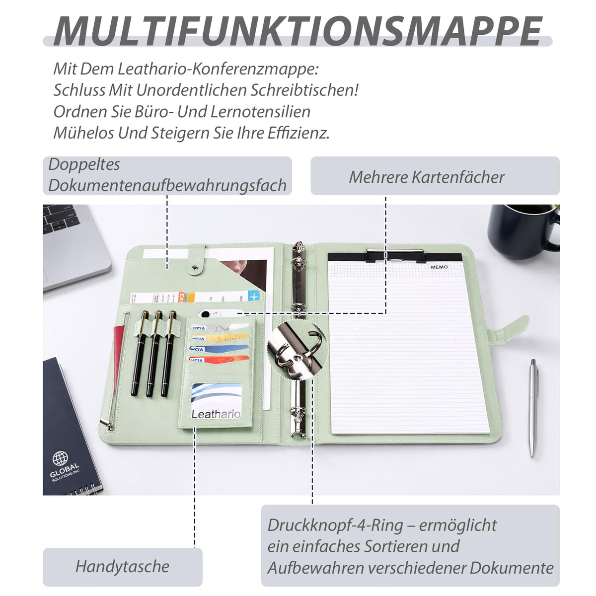 Leathario Schreibmappe A4 Konferenzmappe Klemmbrett Grün