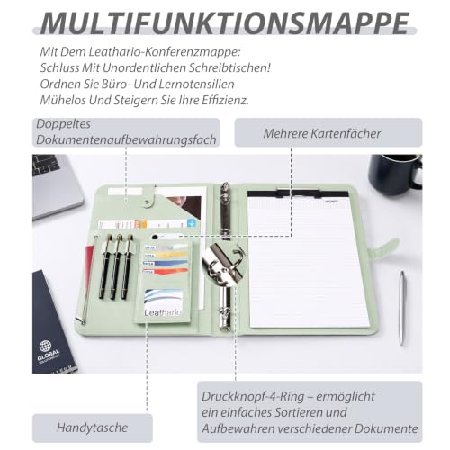 Leathario Schreibmappe A4 Konferenzmappe Klemmbrett Grün