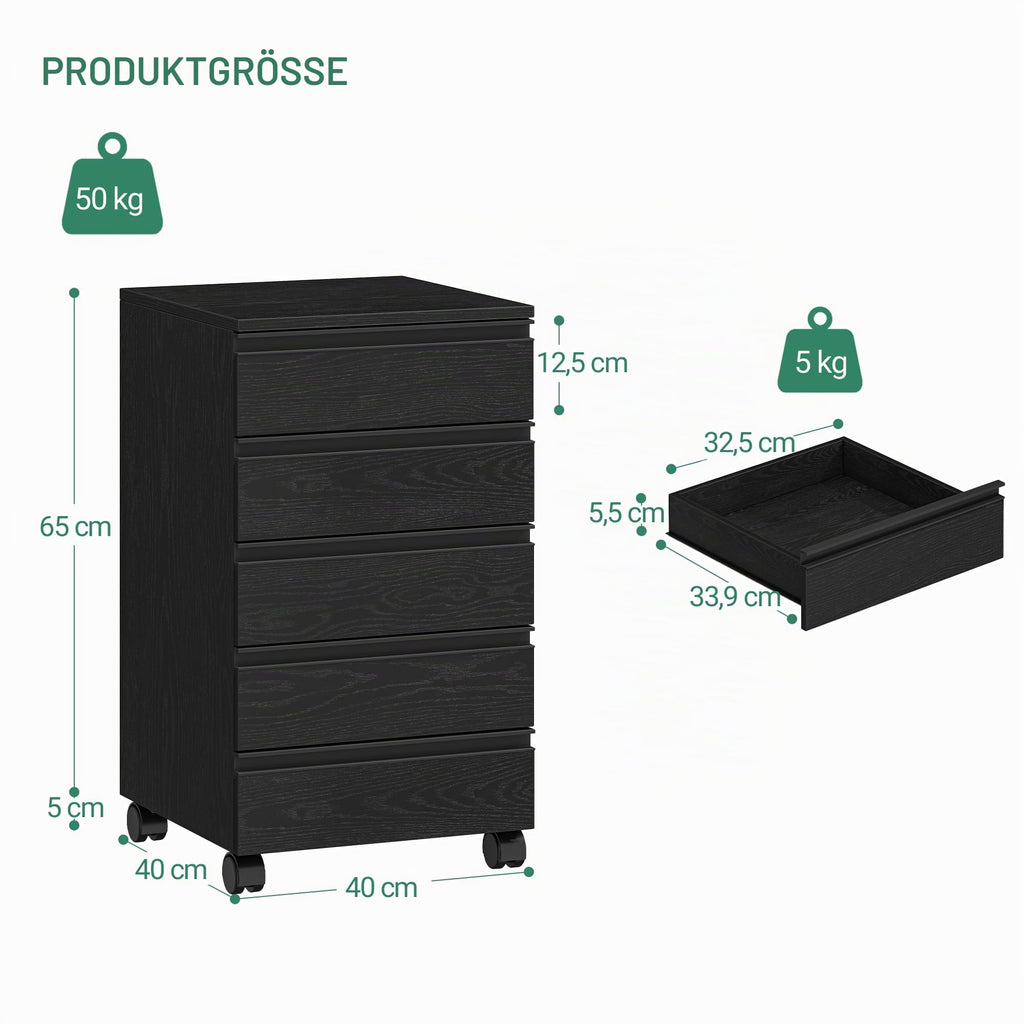 Hzuaneri Rollcontainer 40x40x70cm 5 Schubladen schwarz