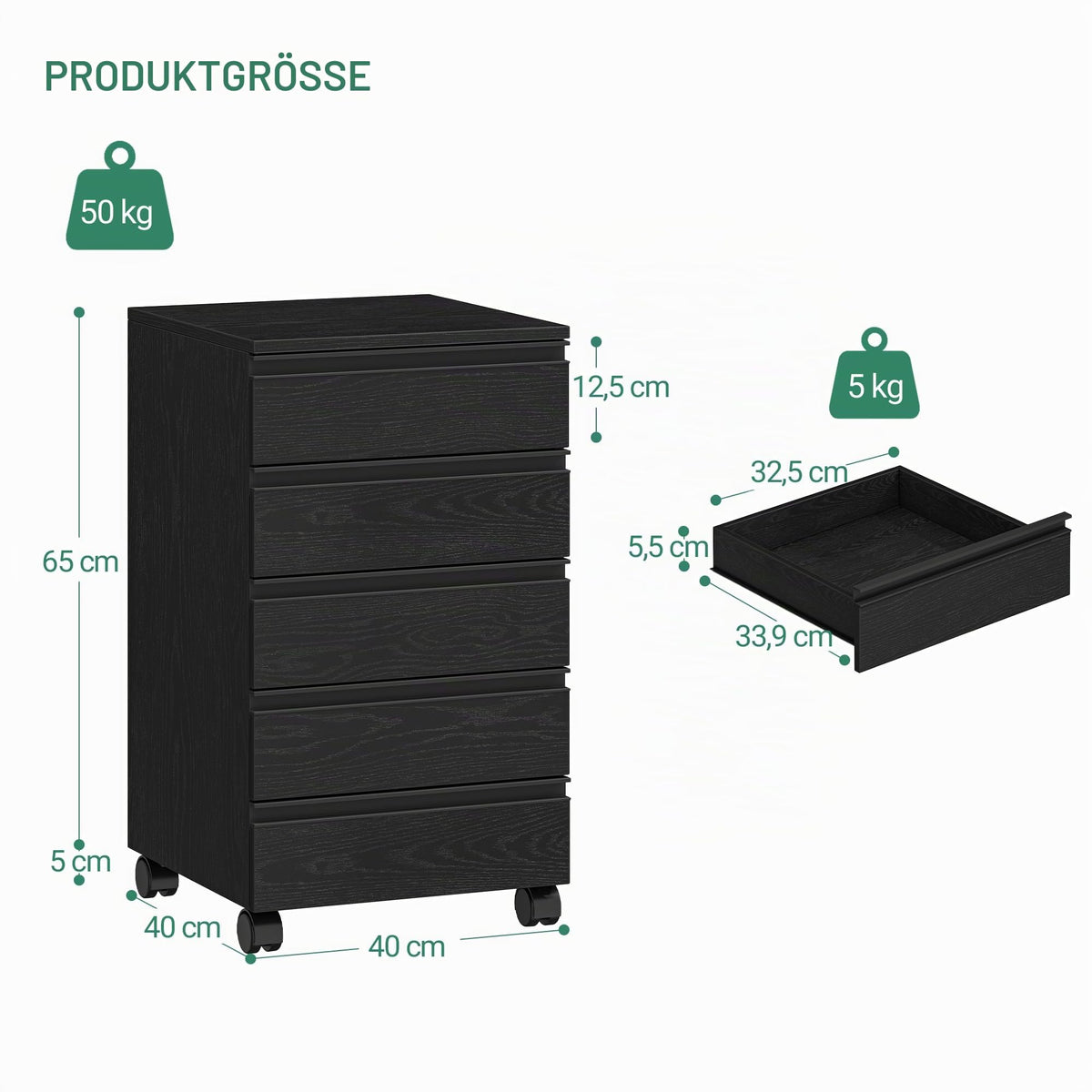 Hzuaneri Rollcontainer 40x40x70cm 5 Schubladen schwarz