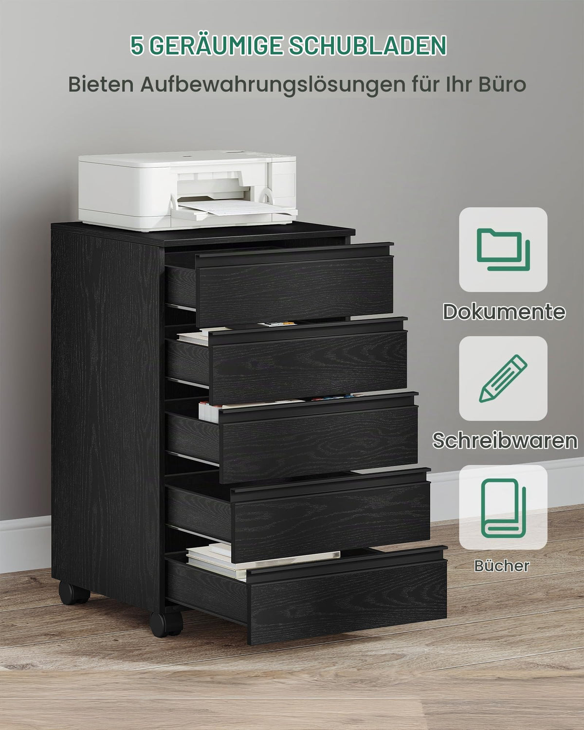 Hzuaneri Rollcontainer 40x40x70cm 5 Schubladen schwarz