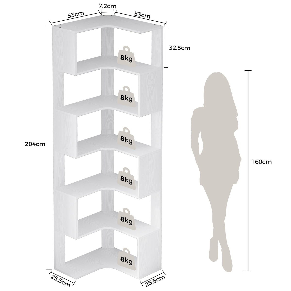 IRONCK Bücherregal 6 Ebenen Eckregal 204cm Hoch L-förmiges Standregal mit Schutzleiste, Holz offenes Regal & Aufbewahrungsregal für Wohnzimmer, Büro, Schlafzimmer, Weiß