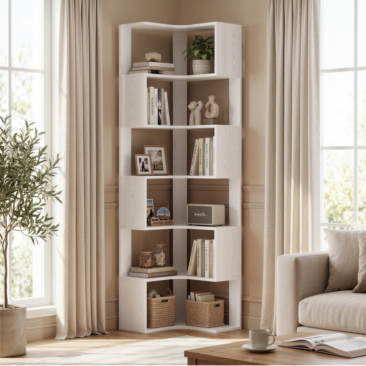 IRONCK Bücherregal 6 Ebenen Eckregal 204cm Hoch L-förmiges Standregal mit Schutzleiste, Holz offenes Regal & Aufbewahrungsregal für Wohnzimmer, Büro, Schlafzimmer, Weiß