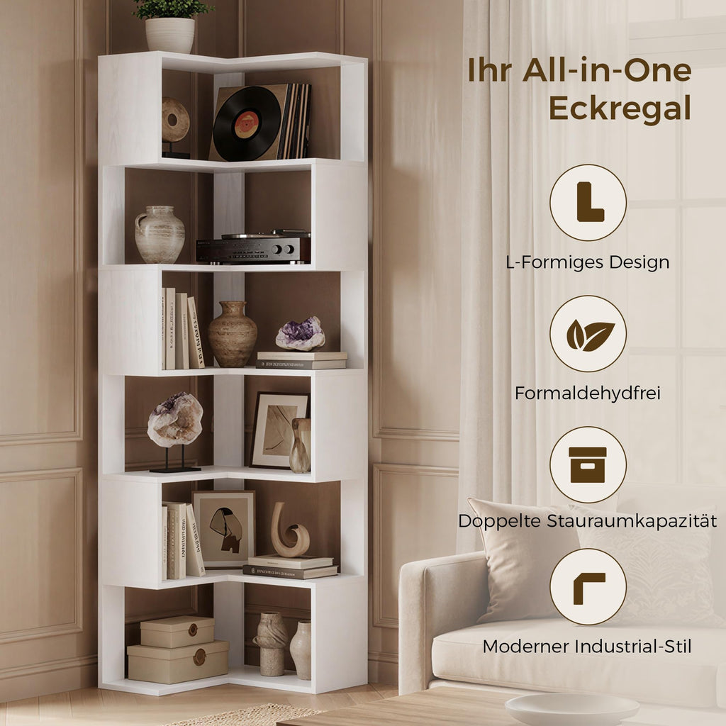 IRONCK Bücherregal 6 Ebenen Eckregal 204cm Hoch L-förmiges Standregal mit Schutzleiste, Holz offenes Regal & Aufbewahrungsregal für Wohnzimmer, Büro, Schlafzimmer, Weiß