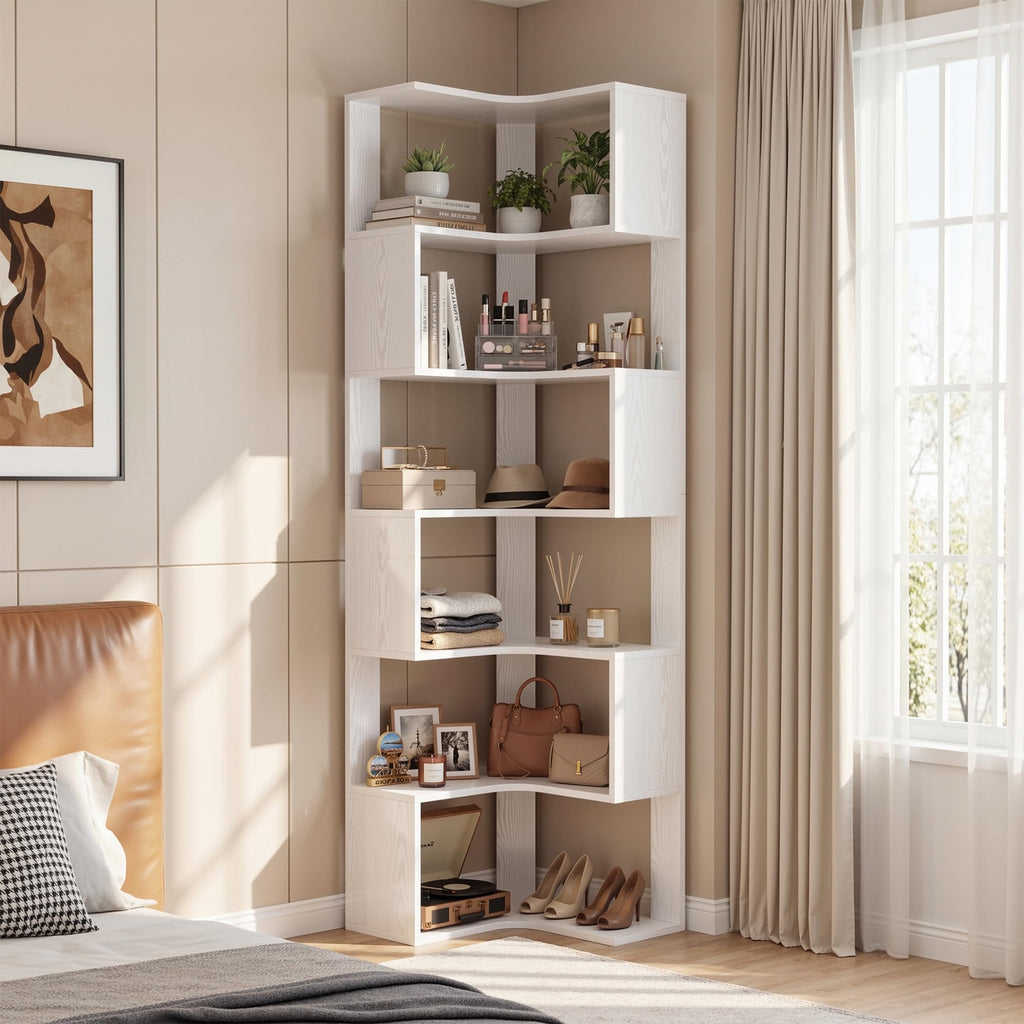 IRONCK Bücherregal 6 Ebenen Eckregal 204cm Hoch L-förmiges Standregal mit Schutzleiste, Holz offenes Regal & Aufbewahrungsregal für Wohnzimmer, Büro, Schlafzimmer, Weiß