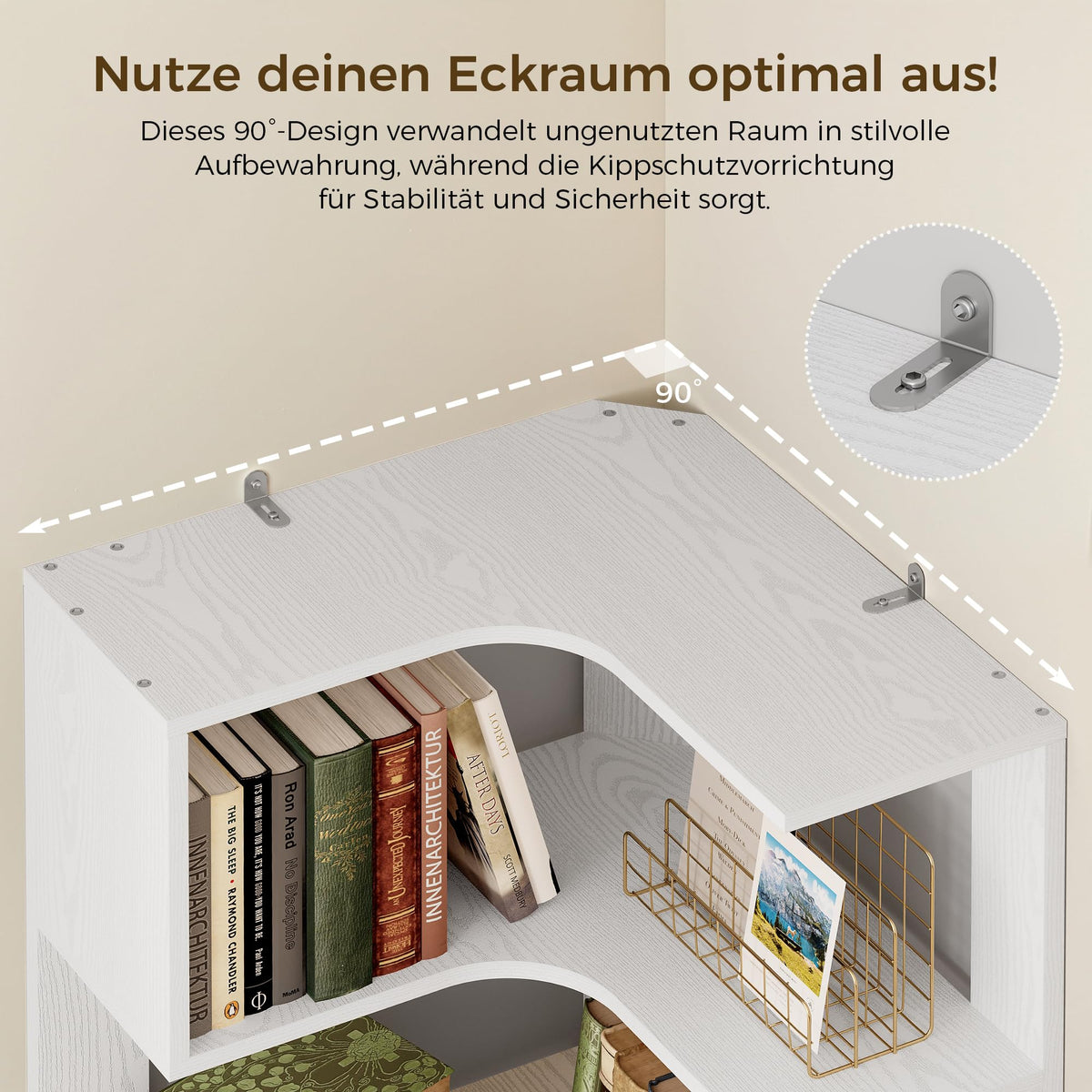 IRONCK Bücherregal 6 Ebenen Eckregal 204cm Hoch L-förmiges Standregal mit Schutzleiste, Holz offenes Regal & Aufbewahrungsregal für Wohnzimmer, Büro, Schlafzimmer, Weiß