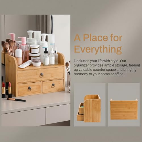 Nicunom Bambus 3-Ebenen Schreibtisch-Organizer mit 3 Schubladen, Multifunktionaler Schreibtisch-Speicher für Büro, Zuhause, Badezimmer