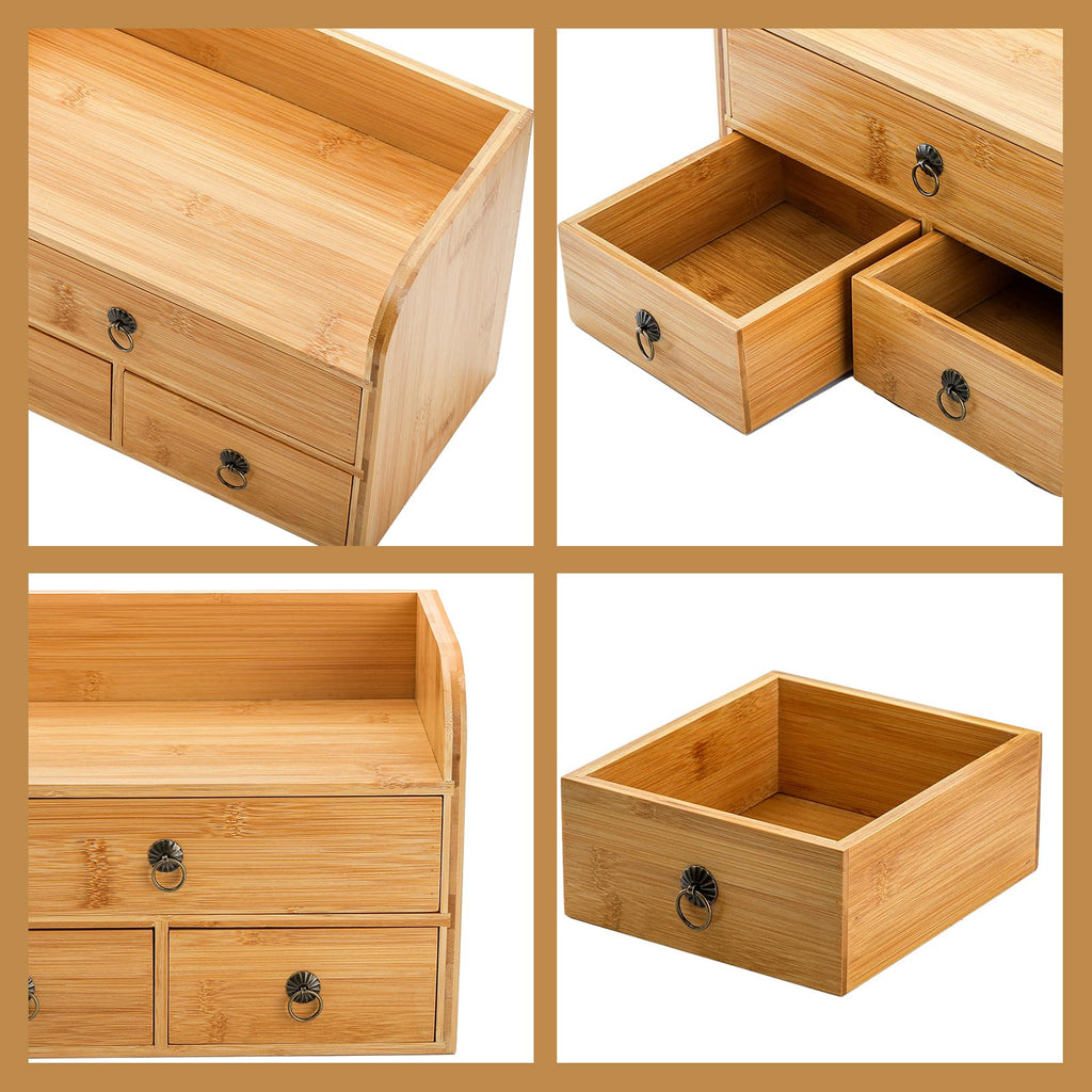 Nicunom Bambus 3-Ebenen Schreibtisch-Organizer mit 3 Schubladen, Multifunktionaler Schreibtisch-Speicher für Büro, Zuhause, Badezimmer