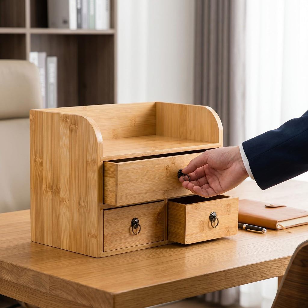 Nicunom Bambus 3-Ebenen Schreibtisch-Organizer mit 3 Schubladen, Multifunktionaler Schreibtisch-Speicher für Büro, Zuhause, Badezimmer