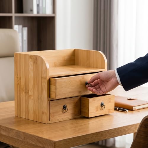 Nicunom Bambus 3-Ebenen Schreibtisch-Organizer mit 3 Schubladen, Multifunktionaler Schreibtisch-Speicher für Büro, Zuhause, Badezimmer