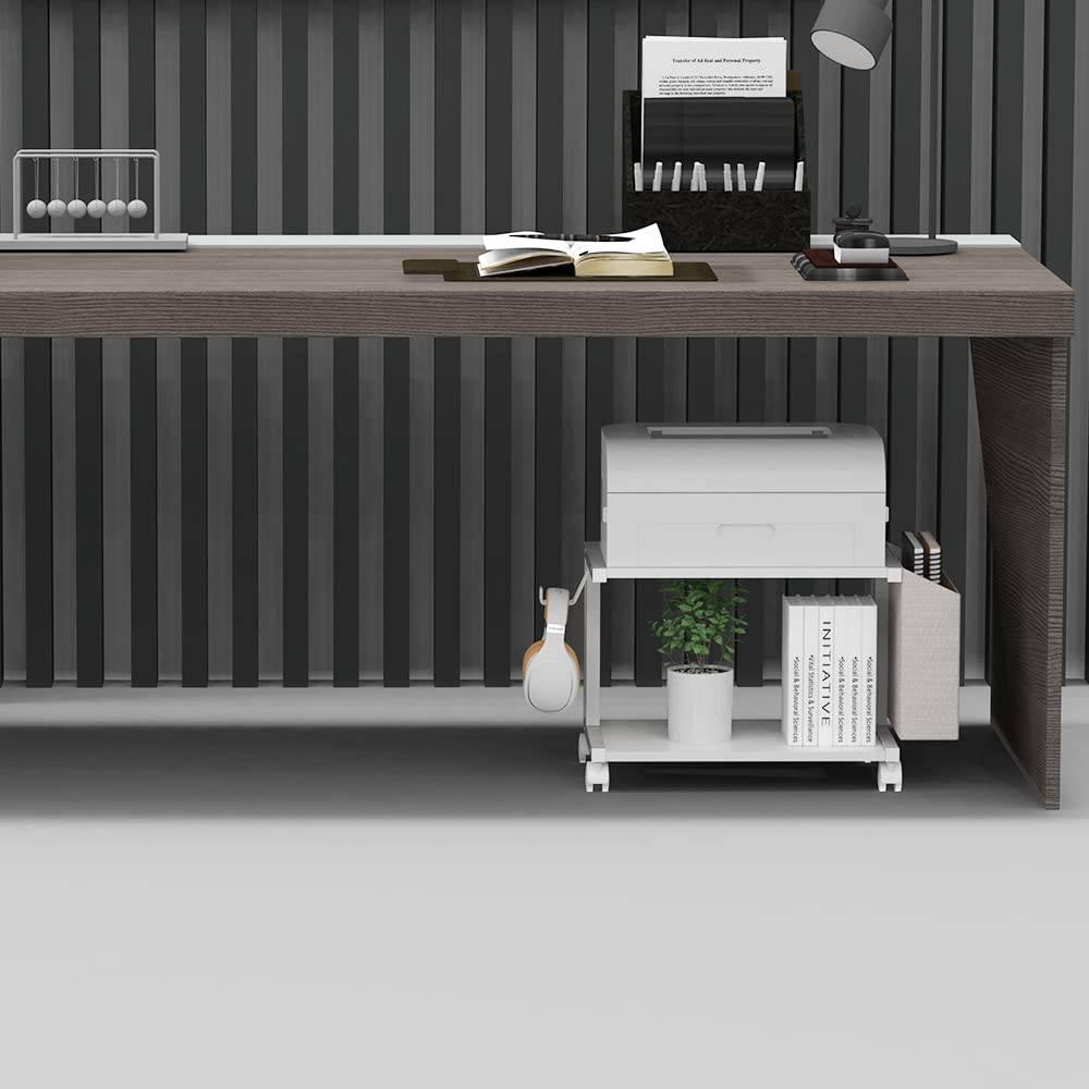 VEDECASA Moderner Druckerständer mit 2 Etagen, aus Holz, mit Aufbewahrungstasche, für Zuhause, Büro, Schreibtisch, Drucker, Tisch, Organizer, mobiles Druckerregal, Wagen mit Lenkrolle (weiß)