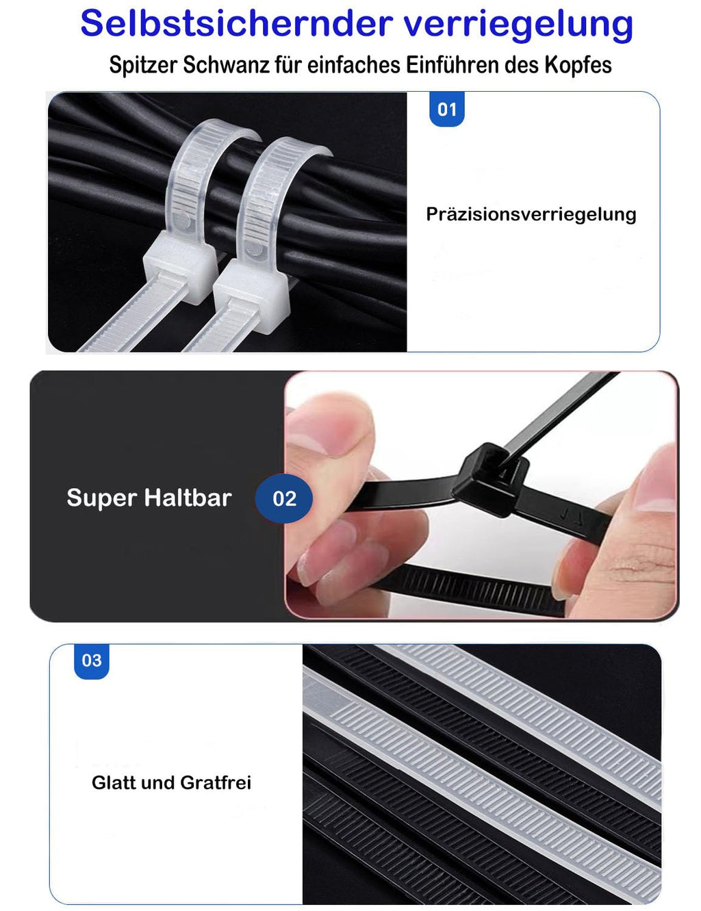 200 Stück Kabelbinder Weiß Set 100/150/200/300mm, UV-beständig, selbstsichernd für drinnen und draußen - Ideal für Kabelmanagement, Gartenarbeit, Haushalt, Werkstatt, der Garage