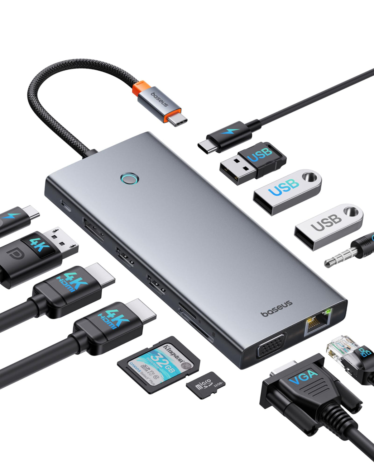 【Chip-Optimiert】Baseus USB C Docking Station 3 Monitore, 13-in-1 USB C Hub mit 2 HDMI 4K@60Hz, DisplayPort 4K@60Hz, VGA, USB 3.1 10 Gbps, PD 100W und Ethernet für Dell/HP/Lenovo/Surface Laptop