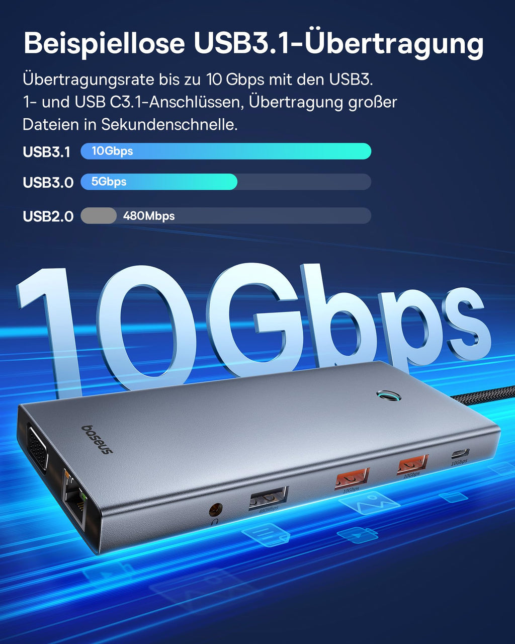 【Chip-Optimiert】Baseus USB C Docking Station 3 Monitore, 13-in-1 USB C Hub mit 2 HDMI 4K@60Hz, DisplayPort 4K@60Hz, VGA, USB 3.1 10 Gbps, PD 100W und Ethernet für Dell/HP/Lenovo/Surface Laptop