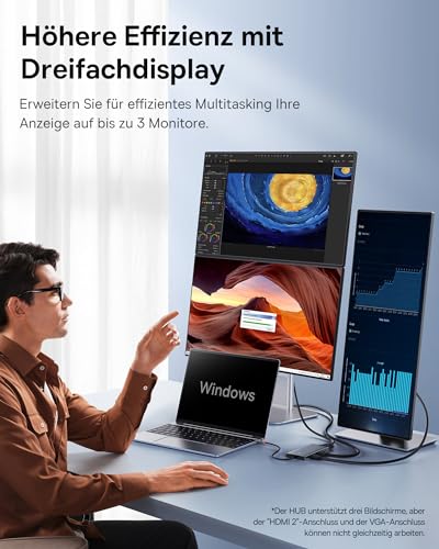 【Chip-Optimiert】Baseus USB C Docking Station 3 Monitore, 13-in-1 USB C Hub mit 2 HDMI 4K@60Hz, DisplayPort 4K@60Hz, VGA, USB 3.1 10 Gbps, PD 100W und Ethernet für Dell/HP/Lenovo/Surface Laptop