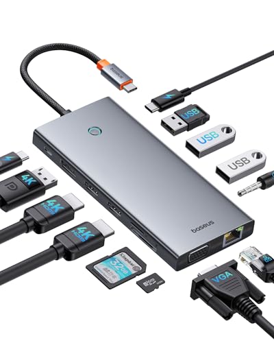 【Chip-Optimiert】Baseus USB C Docking Station 3 Monitore, 13-in-1 USB C Hub mit 2 HDMI 4K@60Hz, DisplayPort 4K@60Hz, VGA, USB 3.1 10 Gbps, PD 100W und Ethernet für Dell/HP/Lenovo/Surface Laptop