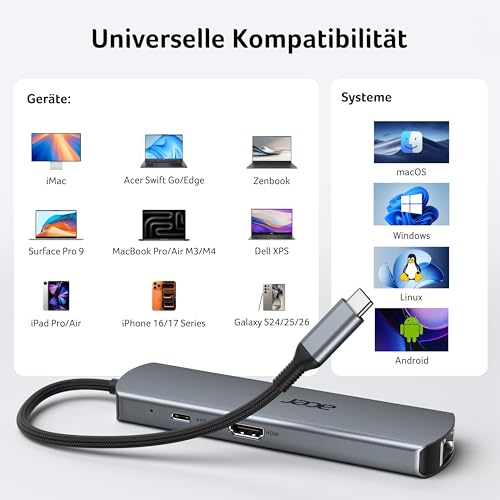 Acer USB C HUB Ethernet, mit 4K@60Hz HDMI, 1*USB-C+2*USB-A 5Gbps, 100W PD