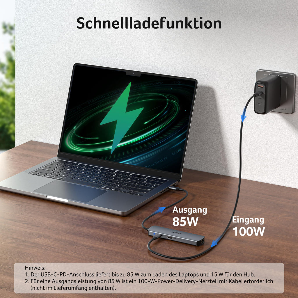Acer USB C HUB Ethernet, mit 4K@60Hz HDMI, 1*USB-C+2*USB-A 5Gbps, 100W PD