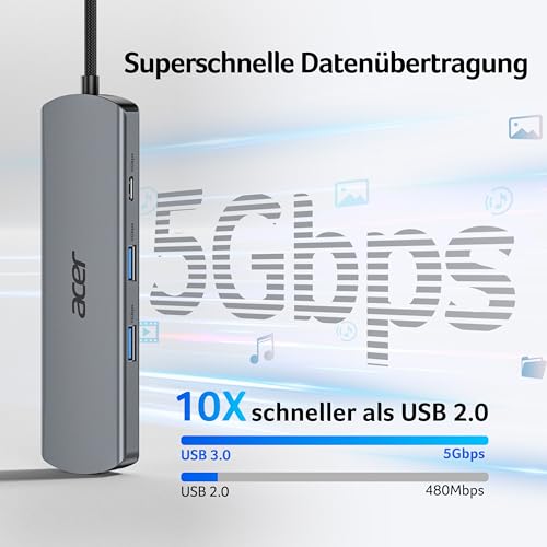 Acer USB C HUB Ethernet, mit 4K@60Hz HDMI, 1*USB-C+2*USB-A 5Gbps, 100W PD