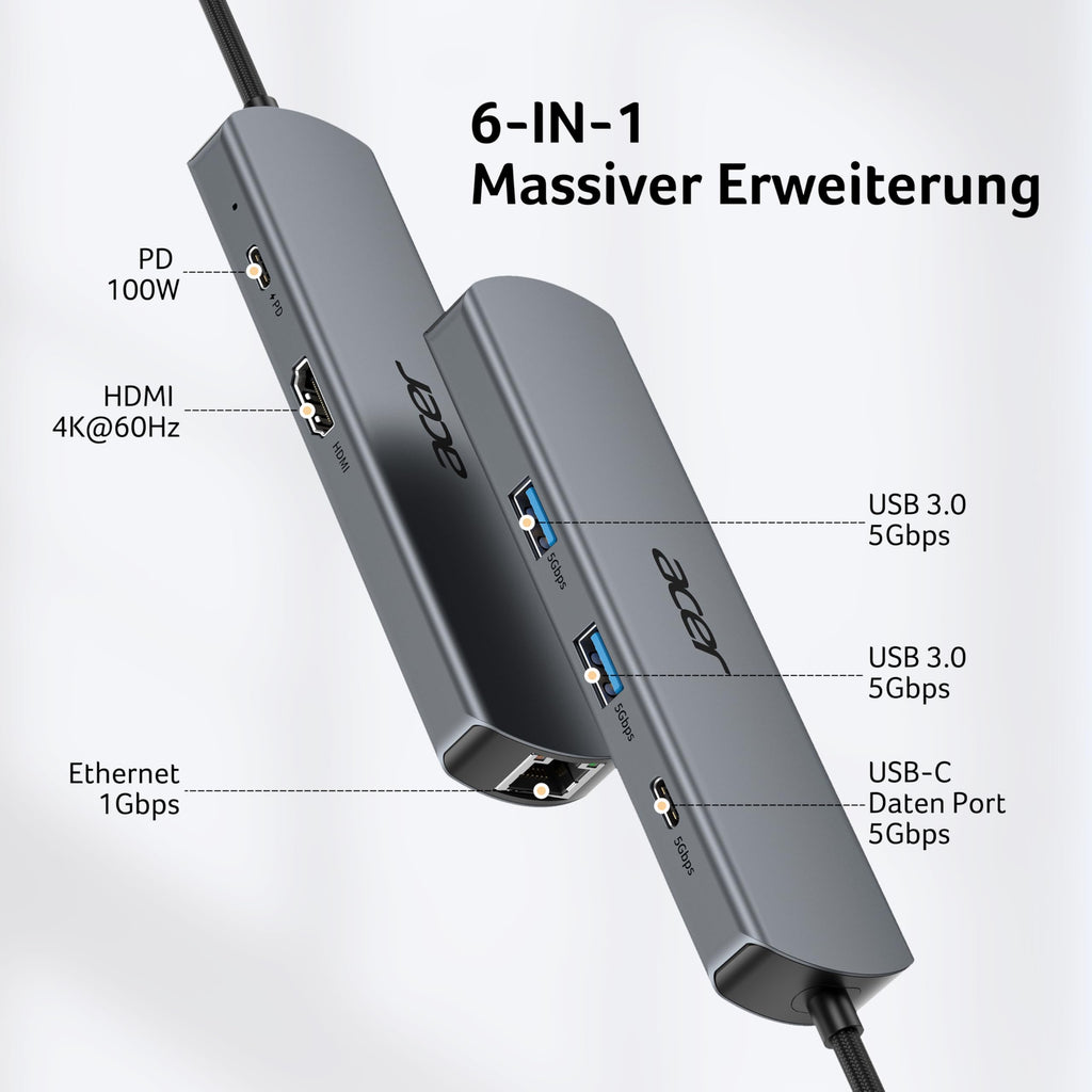 Acer USB C HUB Ethernet, mit 4K@60Hz HDMI, 1*USB-C+2*USB-A 5Gbps, 100W PD