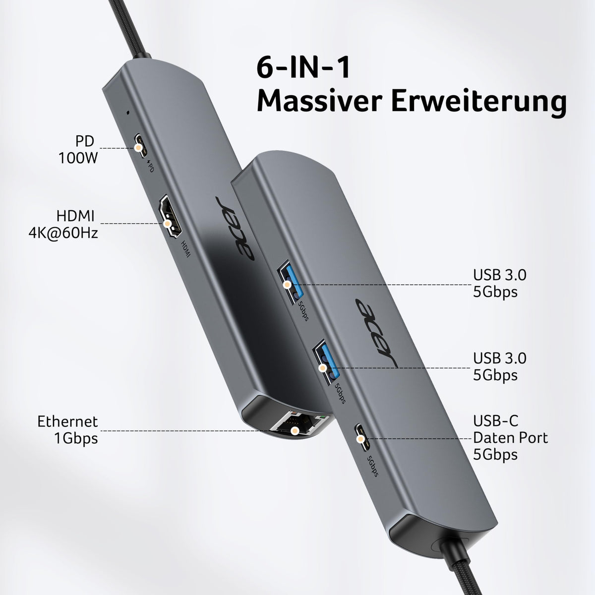 Acer USB C HUB Ethernet, mit 4K@60Hz HDMI, 1*USB-C+2*USB-A 5Gbps, 100W PD