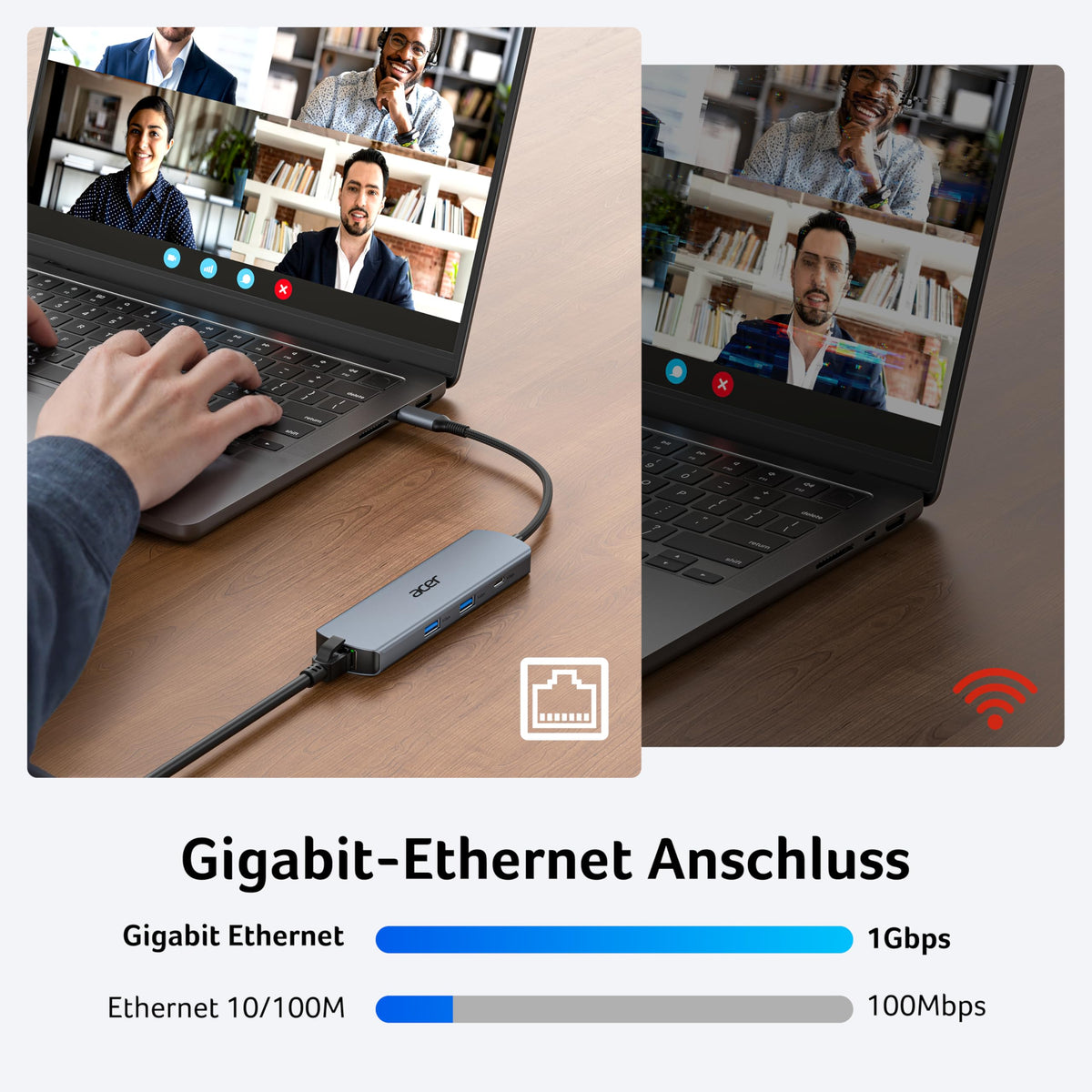 Acer USB C HUB Ethernet, mit 4K@60Hz HDMI, 1*USB-C+2*USB-A 5Gbps, 100W PD