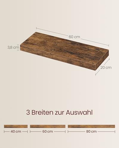 VASAGLE Wandregal, Schweberegal, Regalbrett, 60 x 20 x 3,8 cm