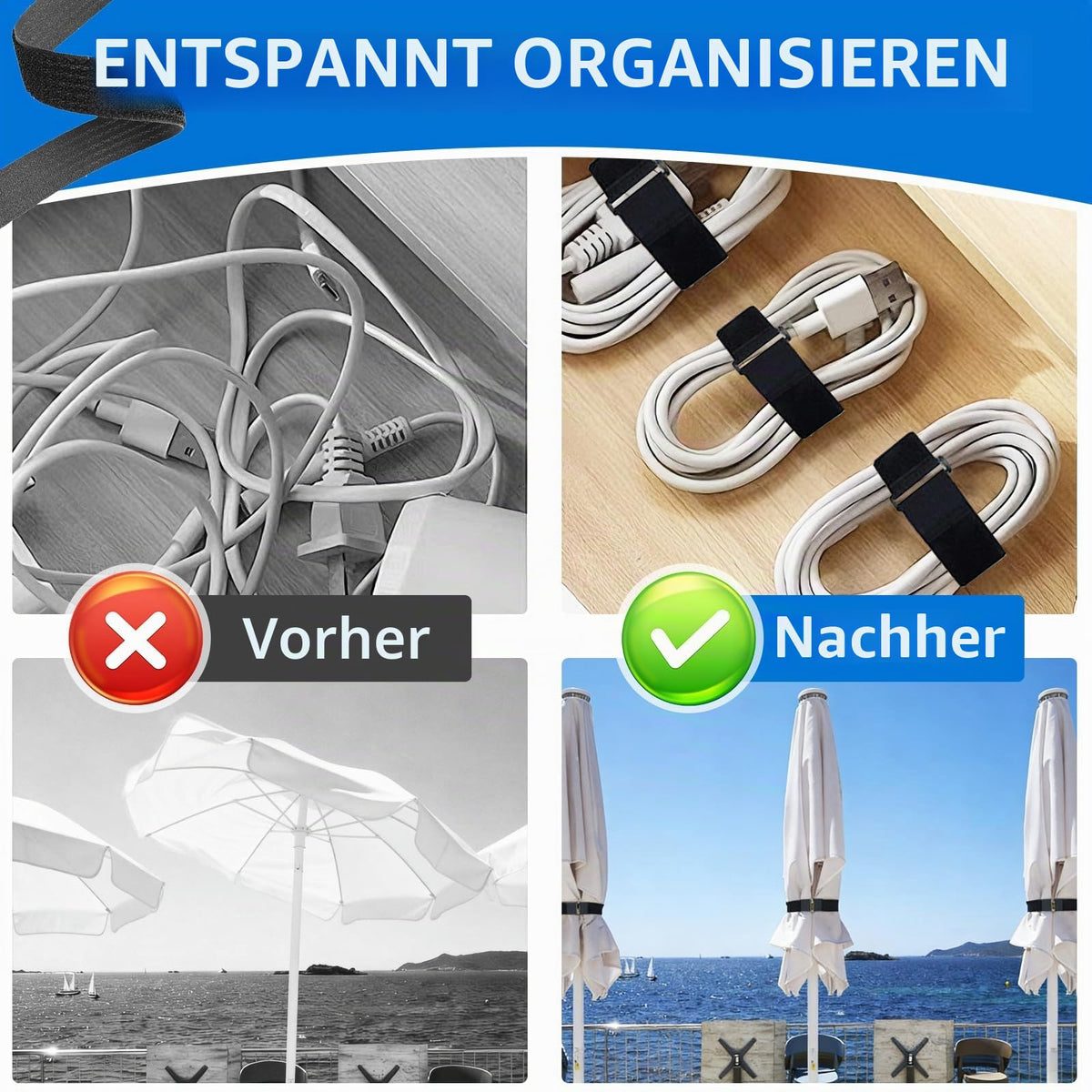 Redamancy Klettband mit Schnalle, Breit Klett Klettbinder Wiederverschließbar, Freie Schnittlänge Klettverschluss, Klettgurt mit öse zur Organize und Aufbewahrung Schwarz