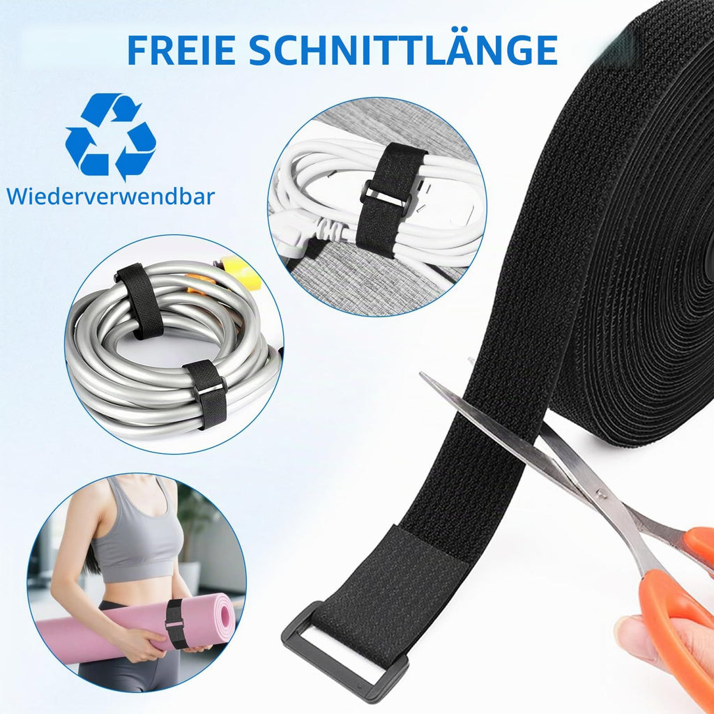 Redamancy Klettband mit Schnalle, Breit Klett Klettbinder Wiederverschließbar, Freie Schnittlänge Klettverschluss, Klettgurt mit öse zur Organize und Aufbewahrung Schwarz
