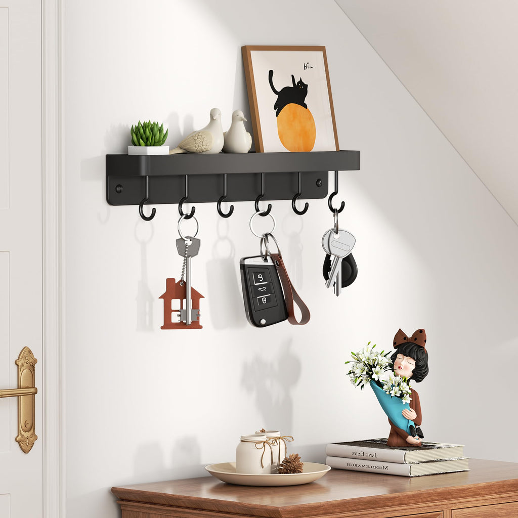 niffgaff Schlüsselhalter Wandmontage, Selbstklebende Metallhaken mit Ablage, Bohrenfrei Schlüsselablage für Tür und Wand, Schwarz