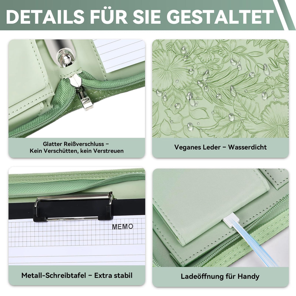 Leathario Konferenzmappe a4 mit Reißverschluss,Schreibmappe a4 mit 10 Dokumentenhüllen,Business Arbeitsmappe mit 4 Ringbuch，Veganes Leder Mappe für Meetings,Behördengänge,Studium,Bewerbungsgespräche