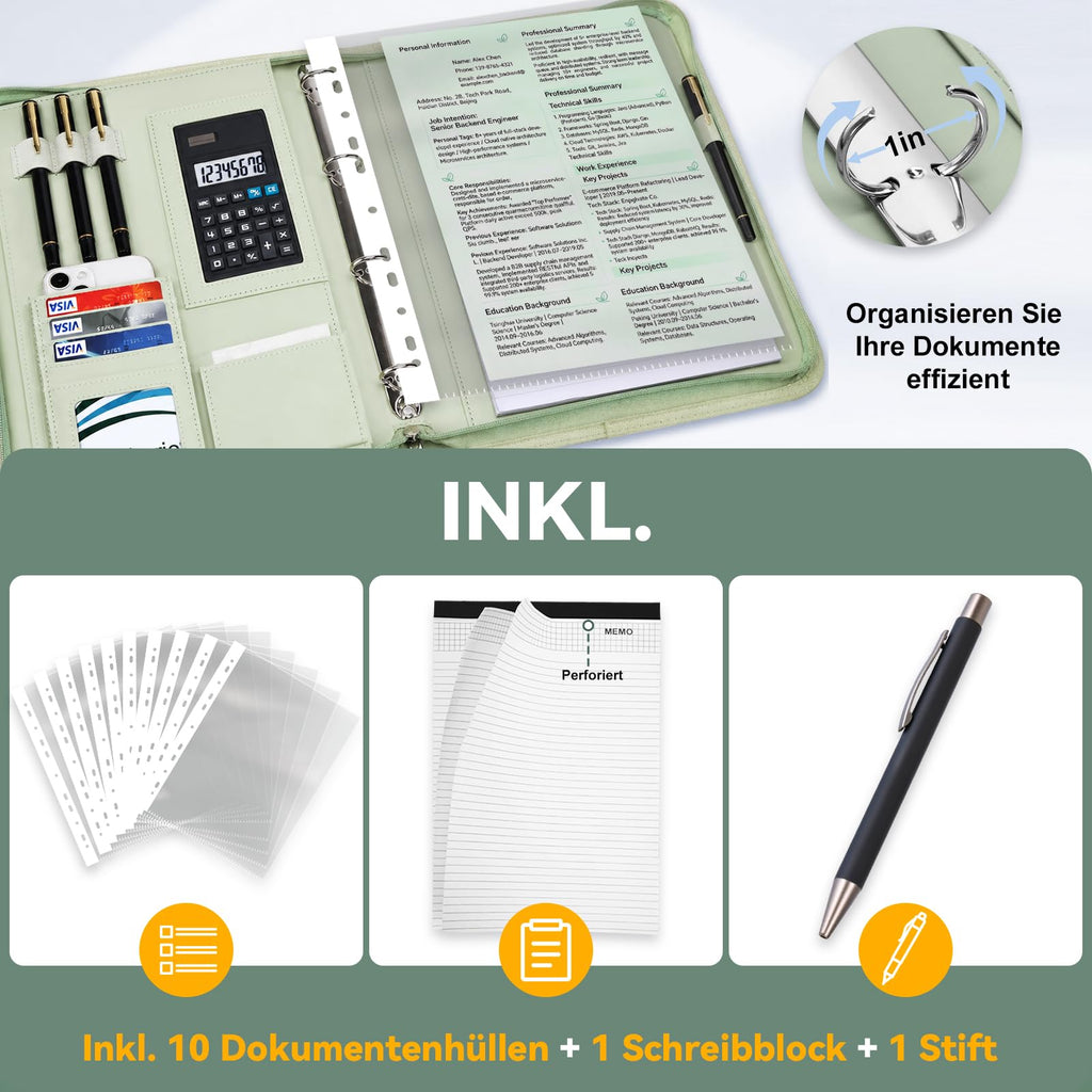 Leathario Konferenzmappe a4 mit Reißverschluss,Schreibmappe a4 mit 10 Dokumentenhüllen,Business Arbeitsmappe mit 4 Ringbuch，Veganes Leder Mappe für Meetings,Behördengänge,Studium,Bewerbungsgespräche