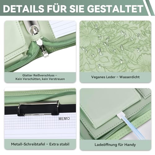 Leathario Konferenzmappe a4 mit Reißverschluss,Schreibmappe a4 mit 10 Dokumentenhüllen,Business Arbeitsmappe mit 4 Ringbuch，Veganes Leder Mappe für Meetings,Behördengänge,Studium,Bewerbungsgespräche
