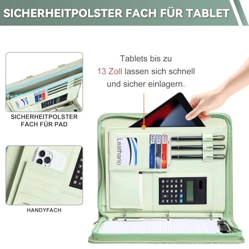 Leathario Konferenzmappe a4 mit Reißverschluss,Schreibmappe a4 mit 10 Dokumentenhüllen,Business Arbeitsmappe mit 4 Ringbuch，Veganes Leder Mappe für Meetings,Behördengänge,Studium,Bewerbungsgespräche
