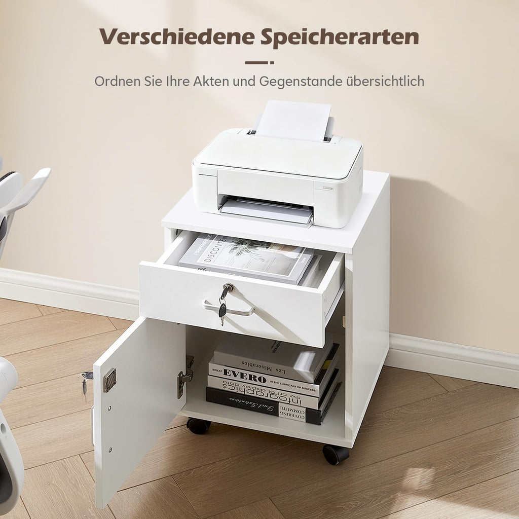 TUKAILAI Rollcontainer Abschließbar mit Schublade, Aktenschrank, Weiß