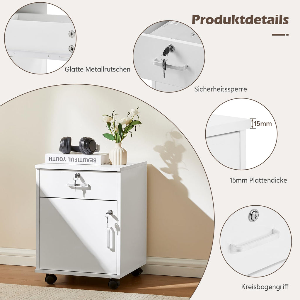 TUKAILAI Rollcontainer Abschließbar mit Schublade, Aktenschrank, Weiß