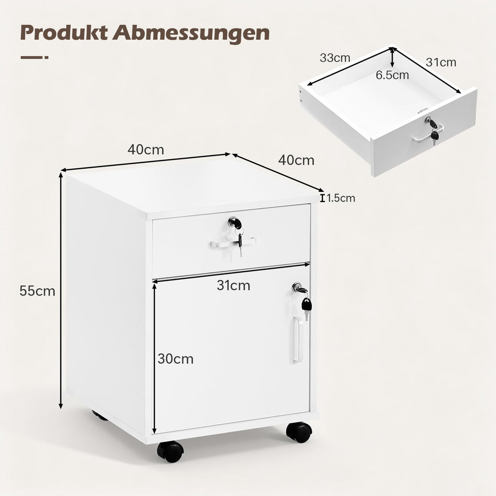 TUKAILAI Rollcontainer Abschließbar mit Schublade, Aktenschrank, Weiß
