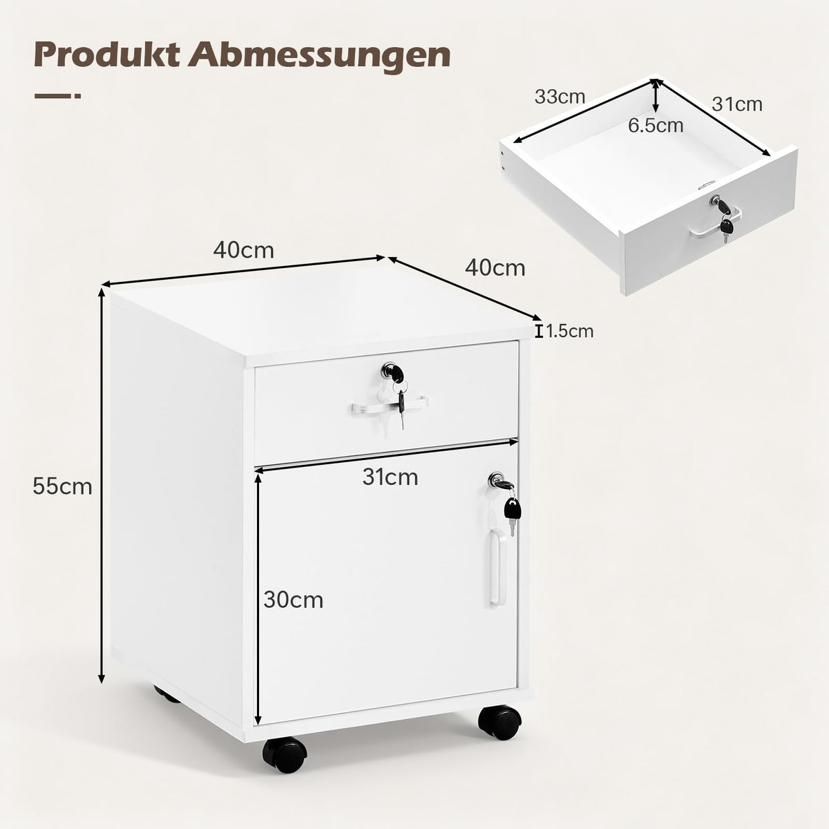 TUKAILAI Rollcontainer Abschließbar mit Schublade, Aktenschrank, Weiß