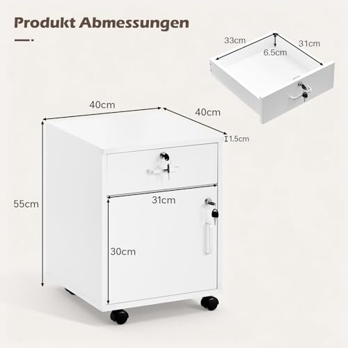 TUKAILAI Rollcontainer Abschließbar mit Schublade, Aktenschrank, Weiß
