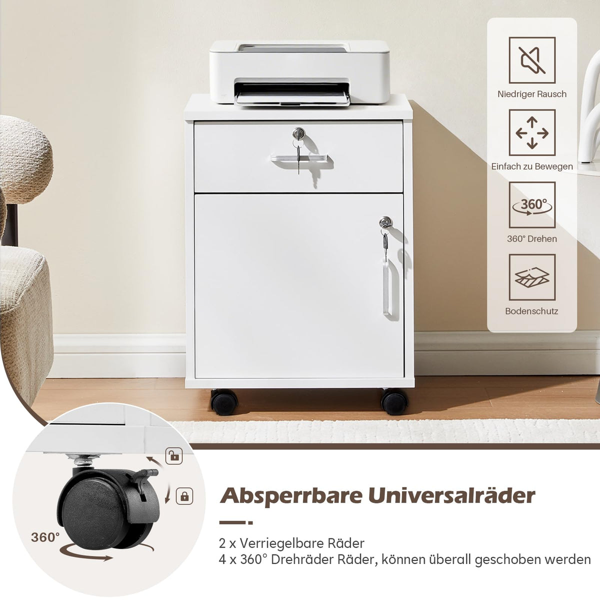 TUKAILAI Rollcontainer Abschließbar mit Schublade, Aktenschrank, Weiß