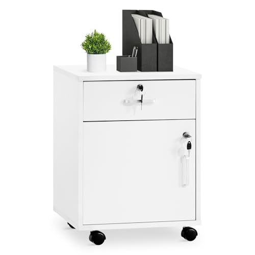 TUKAILAI Rollcontainer Abschließbar mit Schublade, Aktenschrank, Weiß