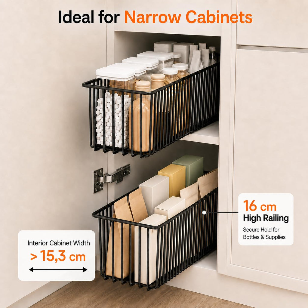 2er Set Ausziehbare Schublade Küche Schmal 15,3cm, Teleskopschublade Ohne Bohren, Nischenregal Schrankauszug, Küchen Schrank Organizer rahmenlos, Schwarz, 41cm Tiefe