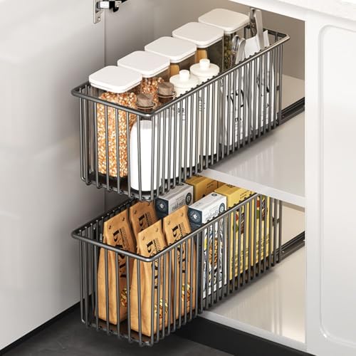 2er Set Ausziehbare Schublade Küche Schmal 15,3cm, Teleskopschublade Ohne Bohren, Nischenregal Schrankauszug, Küchen Schrank Organizer rahmenlos, Schwarz, 41cm Tiefe